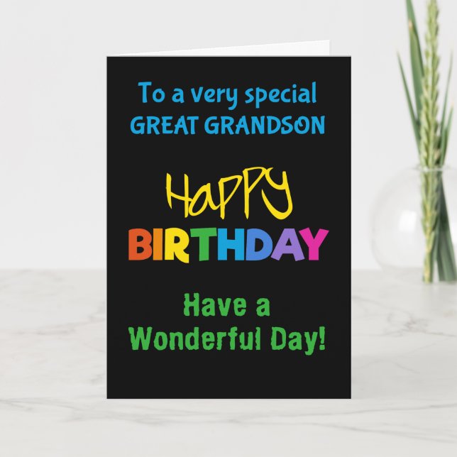 Great grandson Rainbow Colors on Black Birthday Card (Front)