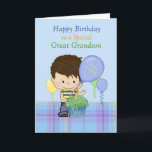 Great Grandson Special Happy Birthday with Boy Card<br><div class="desc">A sweet card for a Special Great Grandson, featuring a blue background with lower blue plaid and a sweet little boy wearing a blue and yellow shirt and jeans. There is a green cupcake in front of the little boy and balloons floating around. Boy and cupcake original design by Cheryl...</div>