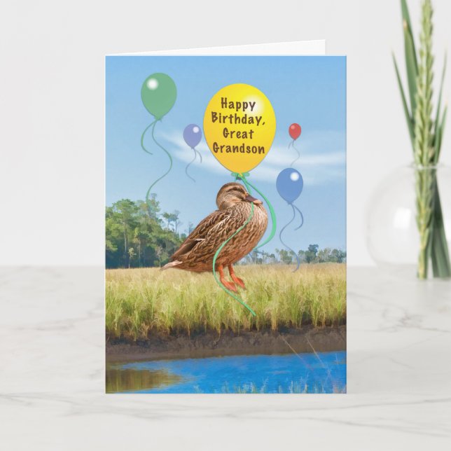 Great Grandson's Birthday with Duck and Balloons Card (Front)