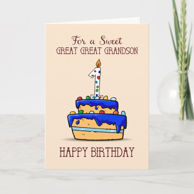 Great Great Grandson 1st Birthday, Sweet Blue Cake Card (Front)