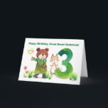 Great Great Grandson 3rd Birthday Bear and Fox Card<br><div class="desc">Three years old and full of adventure! This delightful birthday card features a bear bundled in a cosy scarf, walking towards a large number 3 with his woodland friends close by. The watercolor style gives this card a timeless, storybook feel — perfect for wishing a great great grandson a year...</div>