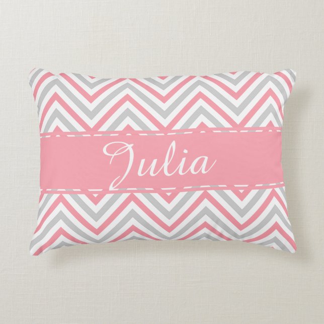 Great Grey Zig Zag Pattern Ribbon Rose Name Decorative Cushion (Front)