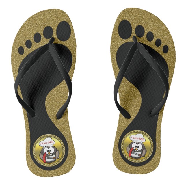 Great horn owl with BBQ in hand and a gold frame Thongs (Footbed)