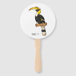 Great hornbill bird cartoon illustration hand fan