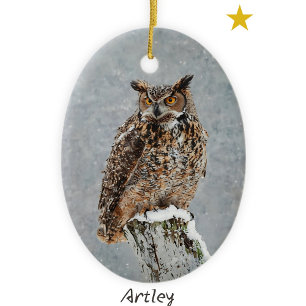 Great Horned Owl Bird Painting Year Christmas Ceramic Ornament