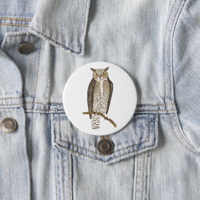 Great Horned Owl Coloured Pencil Art 7.5 Cm Round Badge (In Situ)