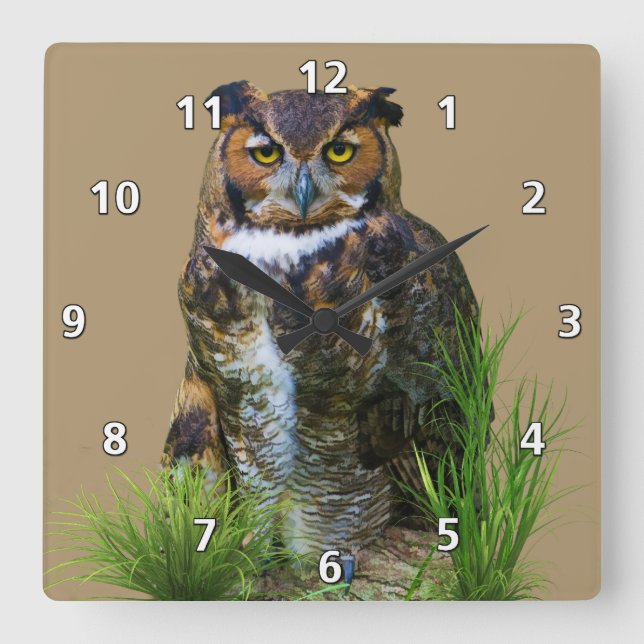 Great Horned Owl Customisable Square Wall Clock (Front)