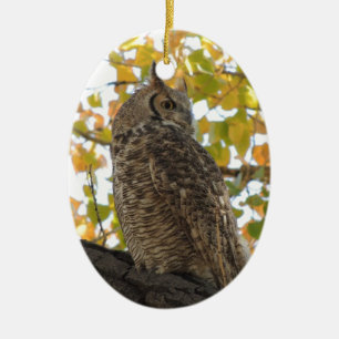 Great Horned Owl in a Tree Ceramic Ornament