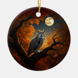 Great Horned Owl in Autumn Ceramic Ornament
