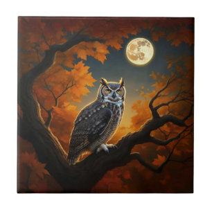 Great Horned Owl in Autumn Ceramic Tile