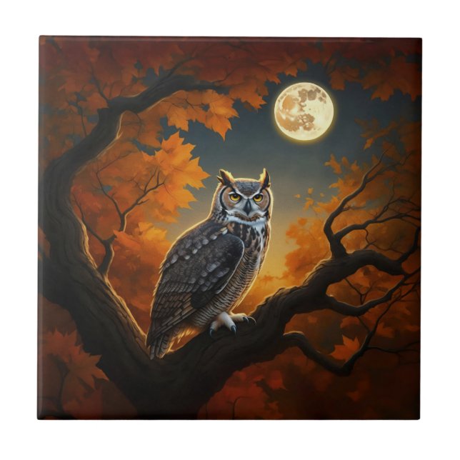 Great Horned Owl in Autumn Ceramic Tile (Front)