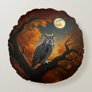 Great Horned Owl in Autumn Round Cushion