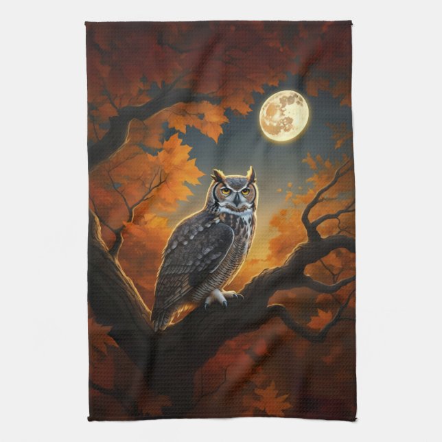 Great Horned Owl in Autumn Tea Towel (Vertical)