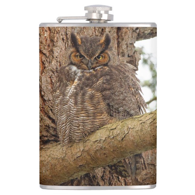 Great Horned Owl in the Douglas Fir Hip Flask (Front)