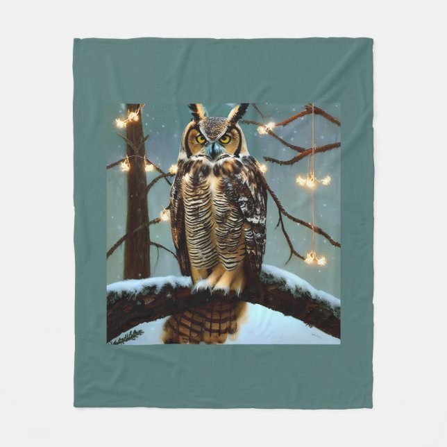 Great Horned Owl in Winter Digital Art    Fleece Blanket (Front)