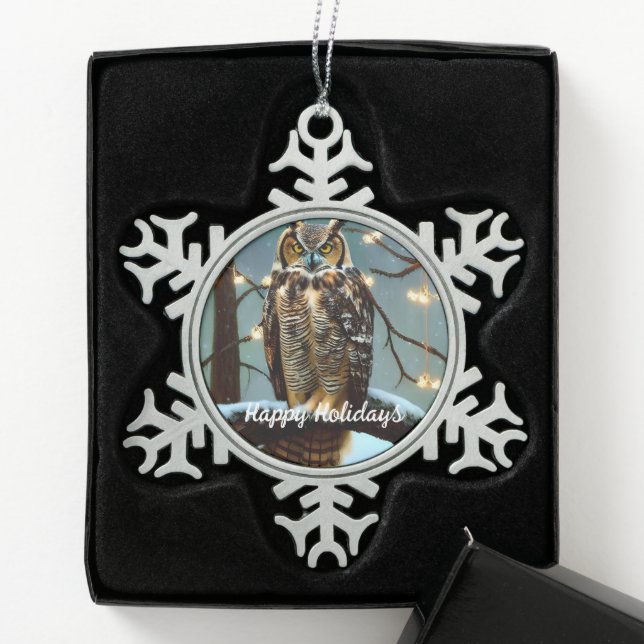 Great Horned Owl In Winter Snowflake Pewter Christmas Ornament (Box)