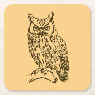Great Horned Owl Peach Square Paper Coaster