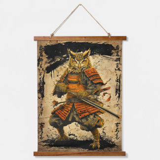 Great Horned Owl Samurai Warrior - Japanese Ink Hanging Tapestry
