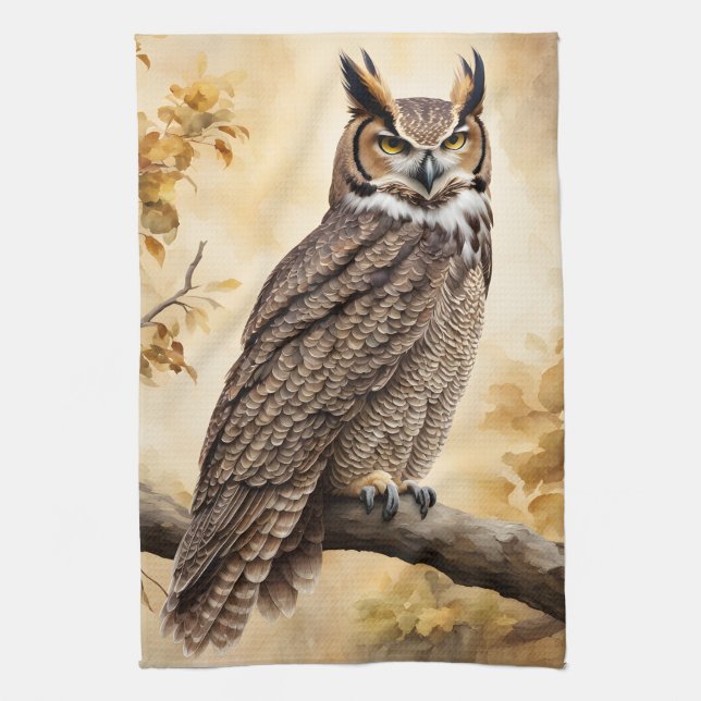 Great Horned Owl Tea Towel (Vertical)