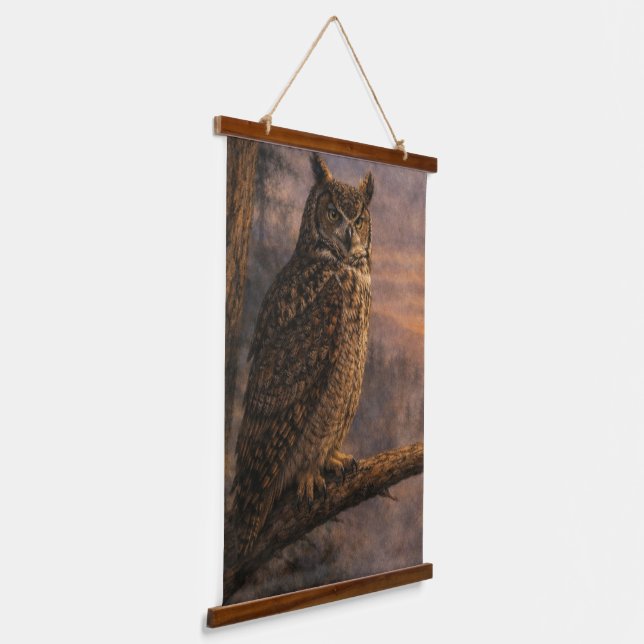 Great Horned Owl Vertical Wall Tapestry (Angled)