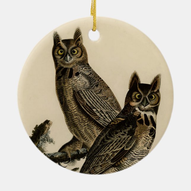 Great Horned Owls (by John James Audubon) Ceramic Ornament (Back)
