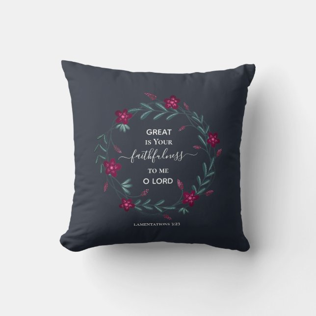 GREAT IS YOUR FAITHFULNESS Blue Floral Christian Cushion (Front)