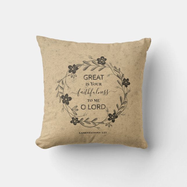 GREAT IS YOUR FAITHFULNESS Floral Rustic Christian Cushion (Front)