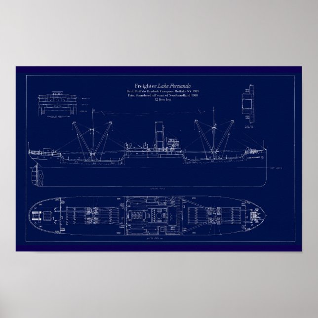 Great Lakes Freighter Lake Fernando Blueprint Poster (Front)