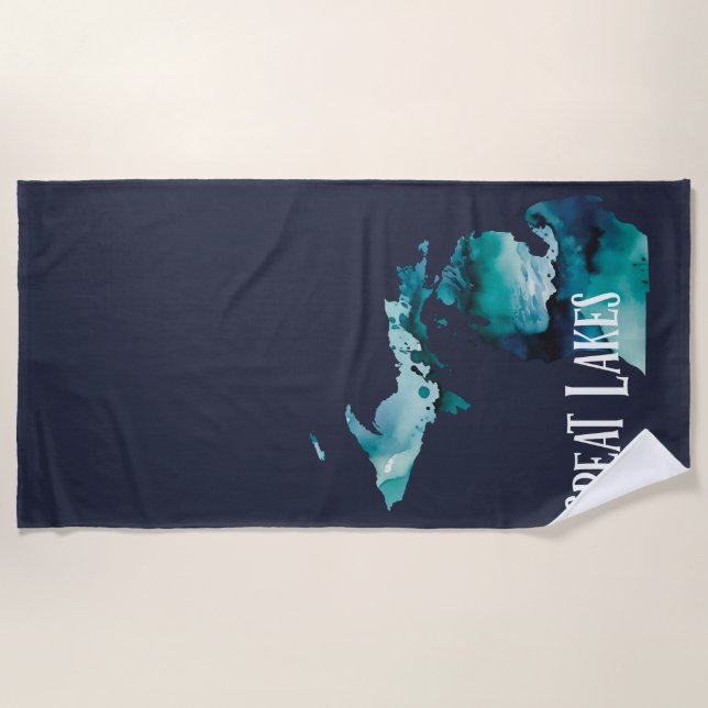 Great Lakes Michigan State Map Blue Watercolor Beach Towel (Front)