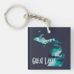 Great Lakes Michigan State Map Blue Watercolor Key Ring