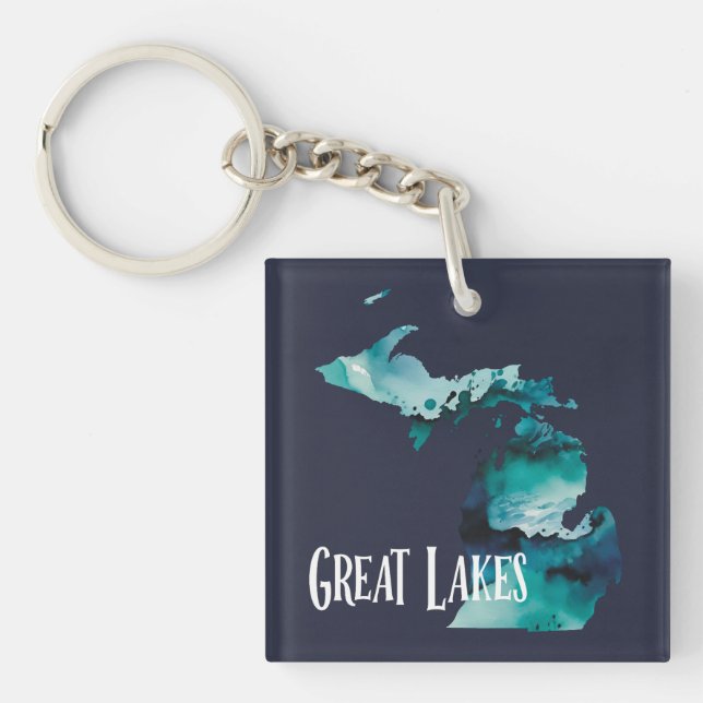 Great Lakes Michigan State Map Blue Watercolor Key Ring (Front)