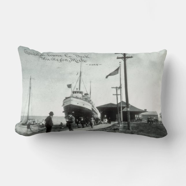 Great Lakes Steamer at Dock Muskegon Michigan Lumbar Cushion (Front)