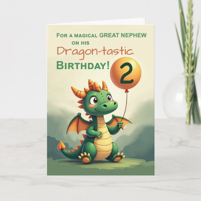 Great Nephew 2nd Birthday Cute Dragon Balloon Card (Front)
