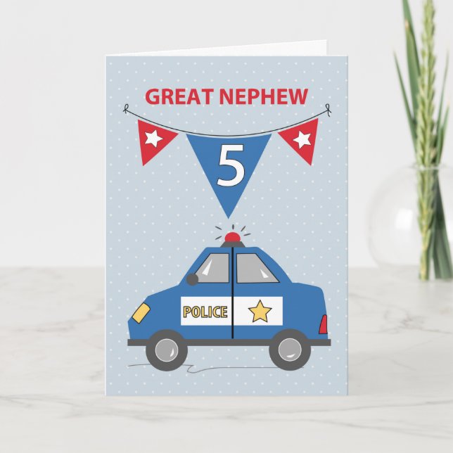 Great Nephew 5th Birthday Blue Police Car Card (Front)