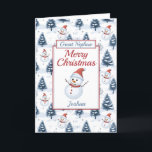 Great Nephew Merry Christmas Snowman Holiday Card<br><div class="desc">A lovely great nephew Christmas card. Design pattern features cute snowmen wearing red santa hats and scarfs and blue snow covered fir trees all on a snowy background. All text can be amended as needed to customise - change great nephew to nephew grandson, son or brother, then personalise with a...</div>