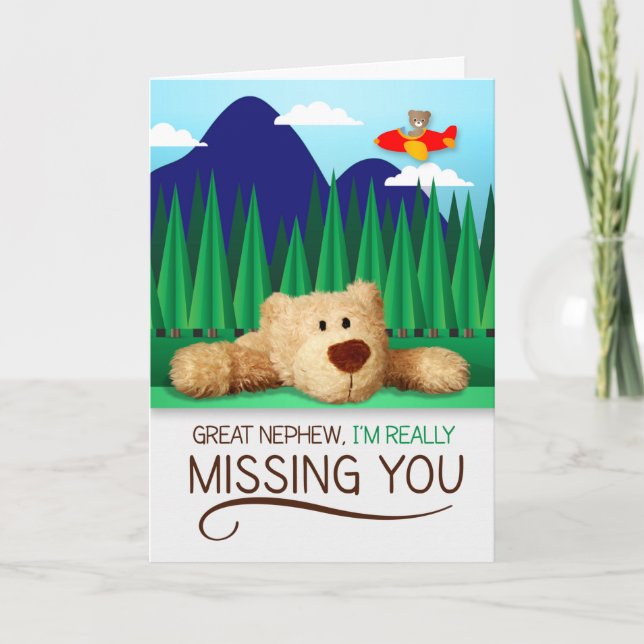 Great Nephew Missing You Airplane and Teddy Bear Card (Front)