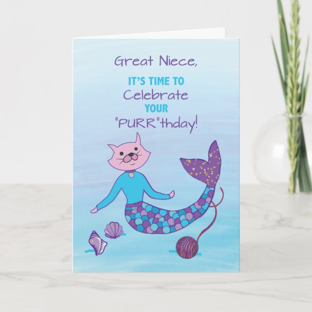 Great Niece Birthday Purrmaid with Sparkly Glitter Card (Front)