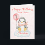 Great Niece Penguin Happy 1st Birthday Card<br><div class="desc">A cute 1st birthday Great Niece baby penguin birthday card. The card features a baby girl penguin sitting on a cloud holding a balloon. A sweet design for a little girl who will be one years old. Add the child, s name to the front of the card to customise it...</div>