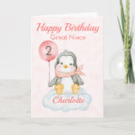 Great Niece Penguin Happy 2nd Birthday Card<br><div class="desc">A cute 2nd birthday Great Niece baby penguin birthday card. The card features a baby girl penguin sitting on a cloud holding a balloon. A sweet design for a little girl who will be two years old. Add the child, s name to the front of the card to customise it...</div>