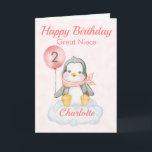 Great Niece Penguin Happy 2nd Birthday Card<br><div class="desc">A cute 2nd birthday Great Niece baby penguin birthday card. The card features a baby girl penguin sitting on a cloud holding a balloon. A sweet design for a little girl who will be two years old. Add the child, s name to the front of the card to customise it...</div>