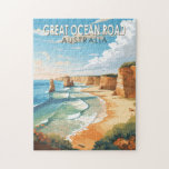 Great Ocean Road Australia Travel Art Vintage Jigsaw Puzzle<br><div class="desc">Great Ocean Road vector art design. The Great Ocean Road is an Australian National Heritage stretch of road along the south-eastern coast of Australia between the Victorian cities of Torquay and Allansford.</div>