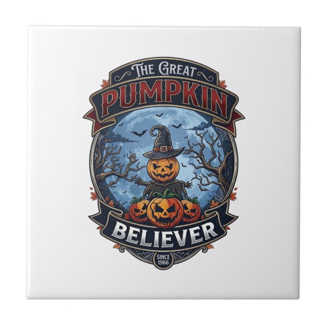 Great Pumpkin Believer Scarecrow Witch Hat Hallowe Ceramic Tile (Front)
