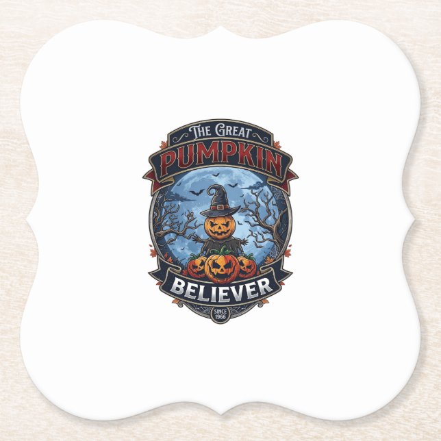 Great Pumpkin Believer Scarecrow Witch Hat Hallowe Paper Coaster (Front)