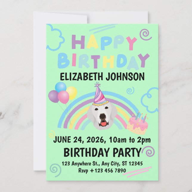 Great Pyrenees Birthday Invitation Green (Front)