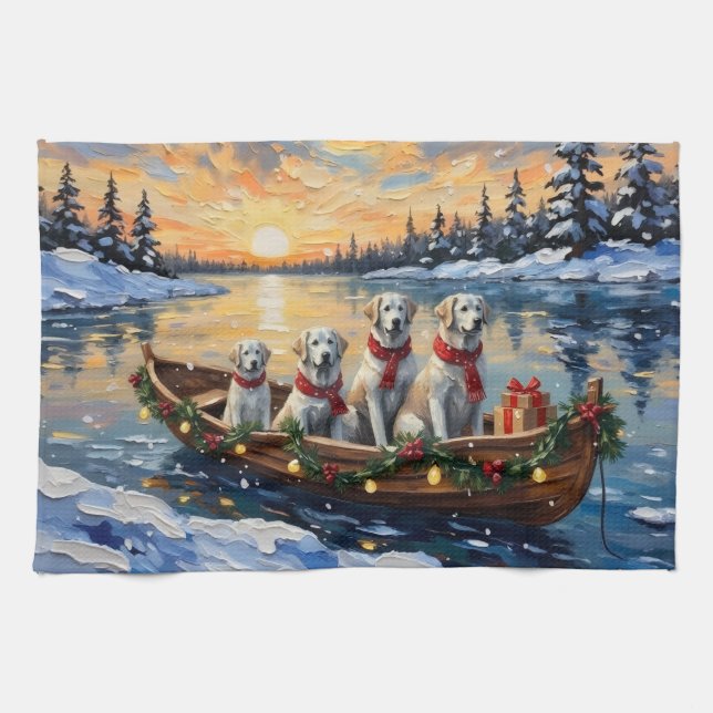 Great Pyrenees Christmas Boat Holiday Tea Towel (Horizontal)