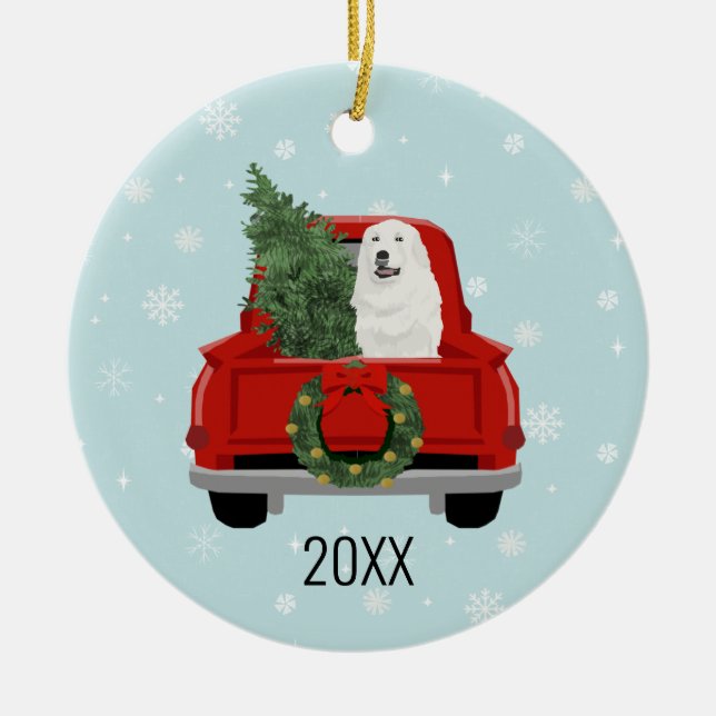 Great Pyrenees Christmas Red Truck Ceramic Ornament (Front)