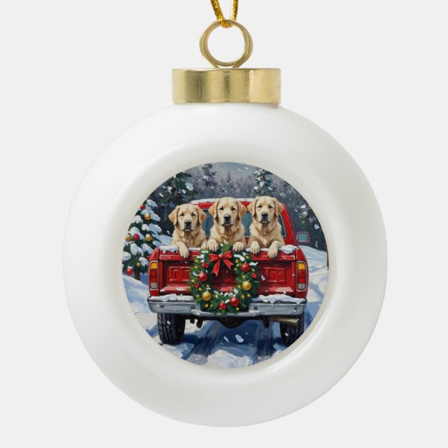 Great Pyrenees Christmas Red Truck Holiday Ceramic Ball Christmas Ornament (Front)