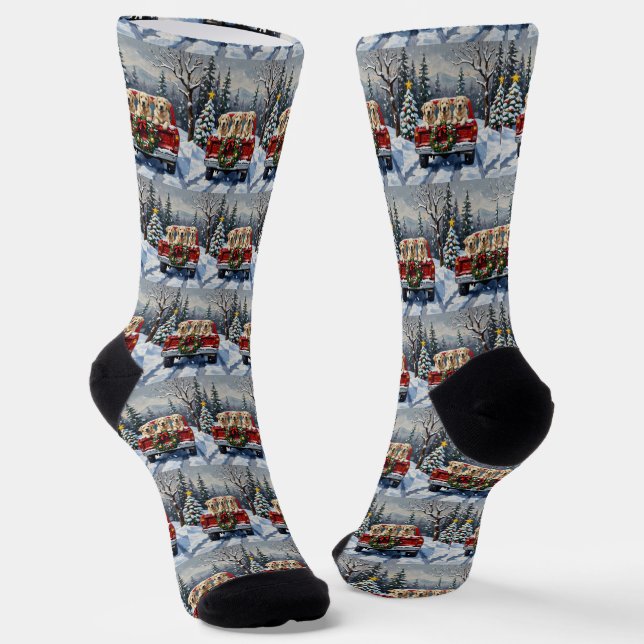 Great Pyrenees Christmas Red Truck Holiday Socks (Angled)