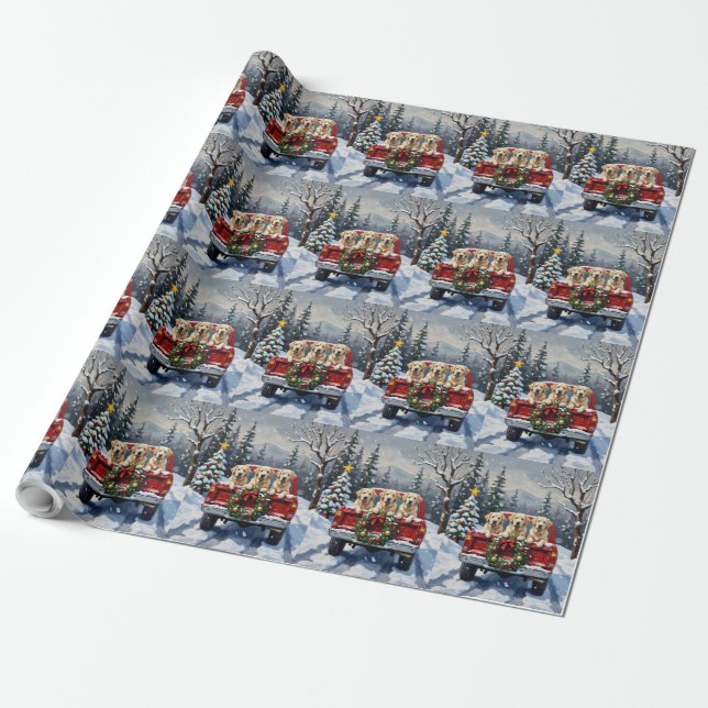 Great Pyrenees Christmas Red Truck Holiday Wrapping Paper (Unrolled)