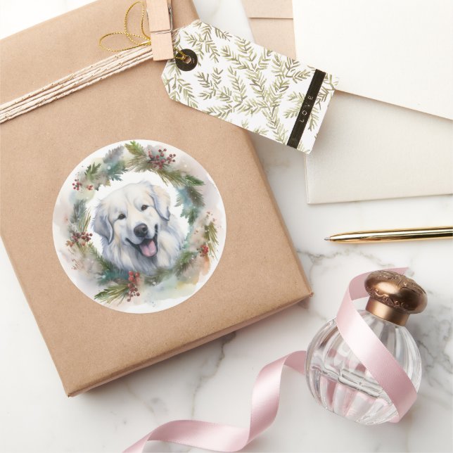 Great Pyrenees Christmas Wreath Festive Pup  Classic Round Sticker (Gifting)